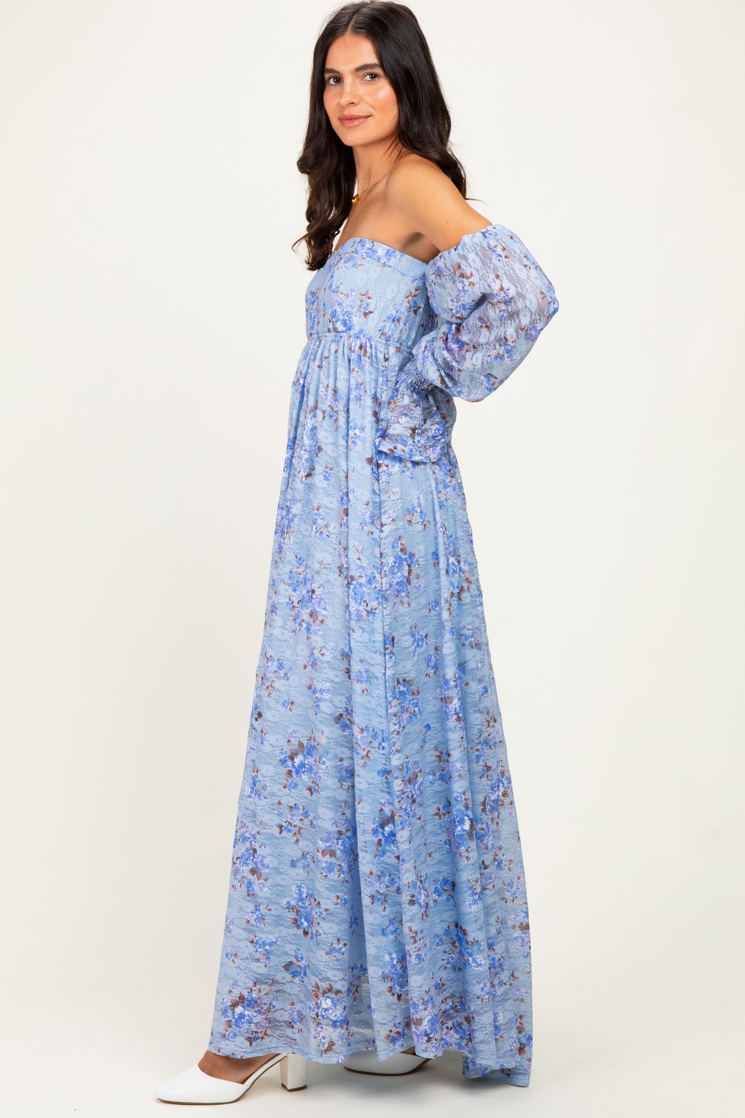 Blue Off Shoulder Long Sleeve Maxi Dress