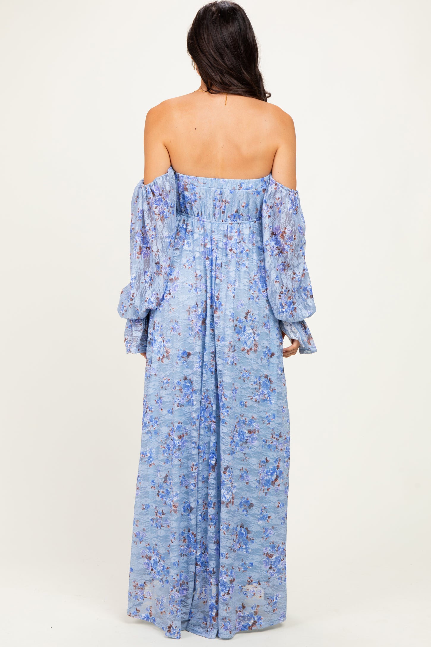 Blue Off Shoulder Long Sleeve Maxi Dress