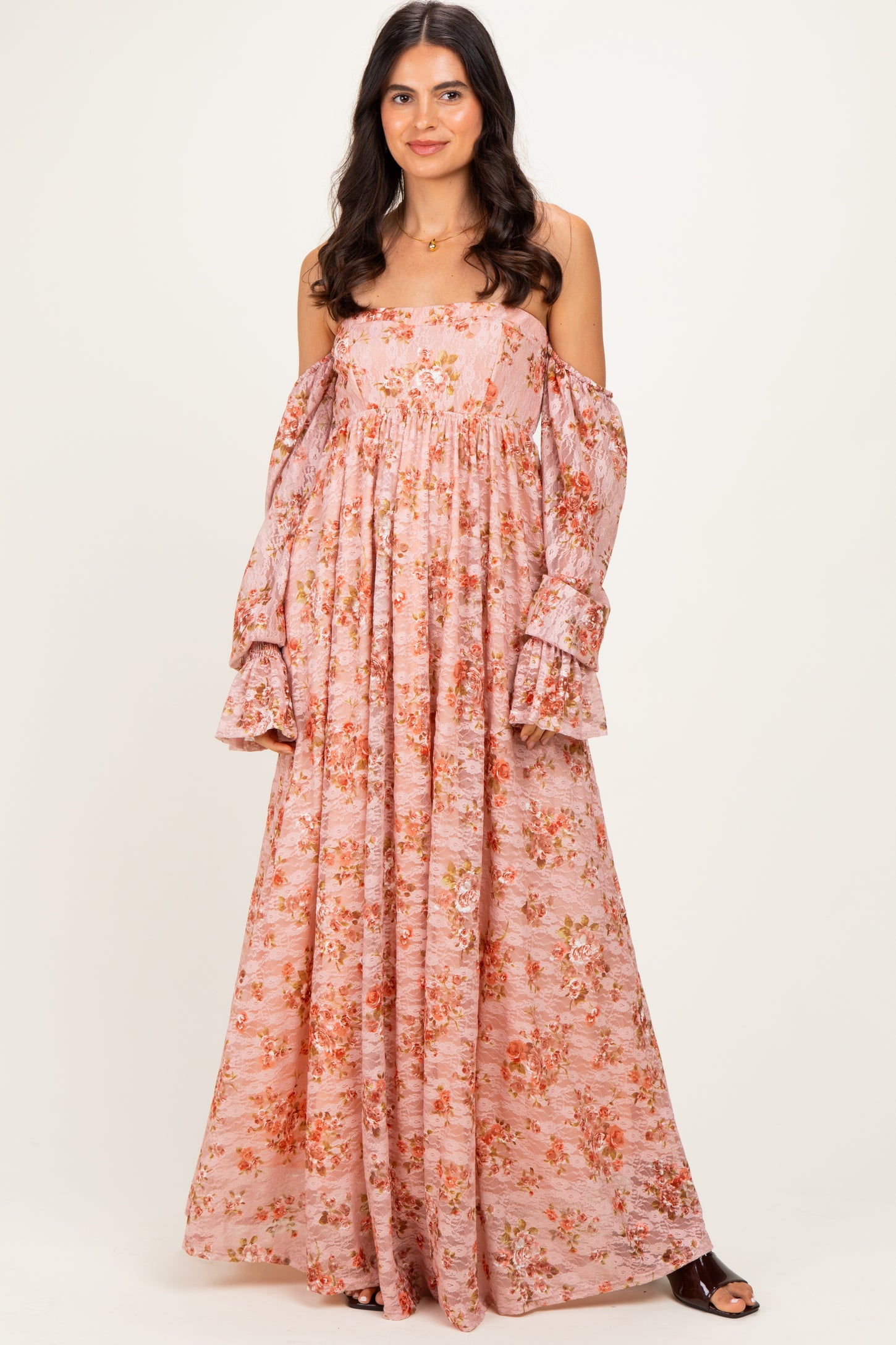 Peach Off Shoulder Long Sleeve Maxi Dress