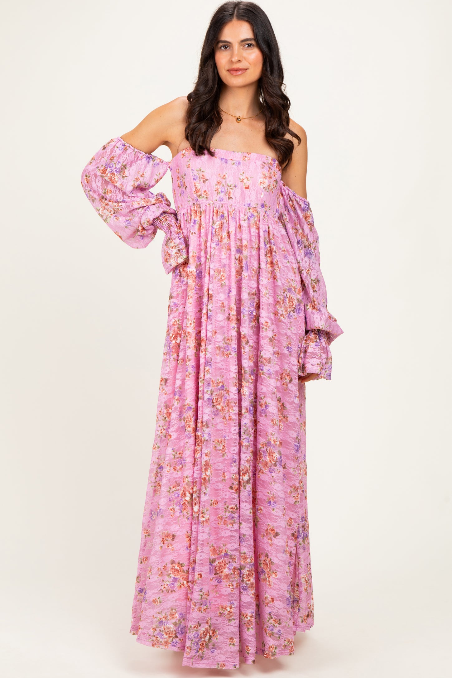 Pink Off Shoulder Long Sleeve Maxi Dress