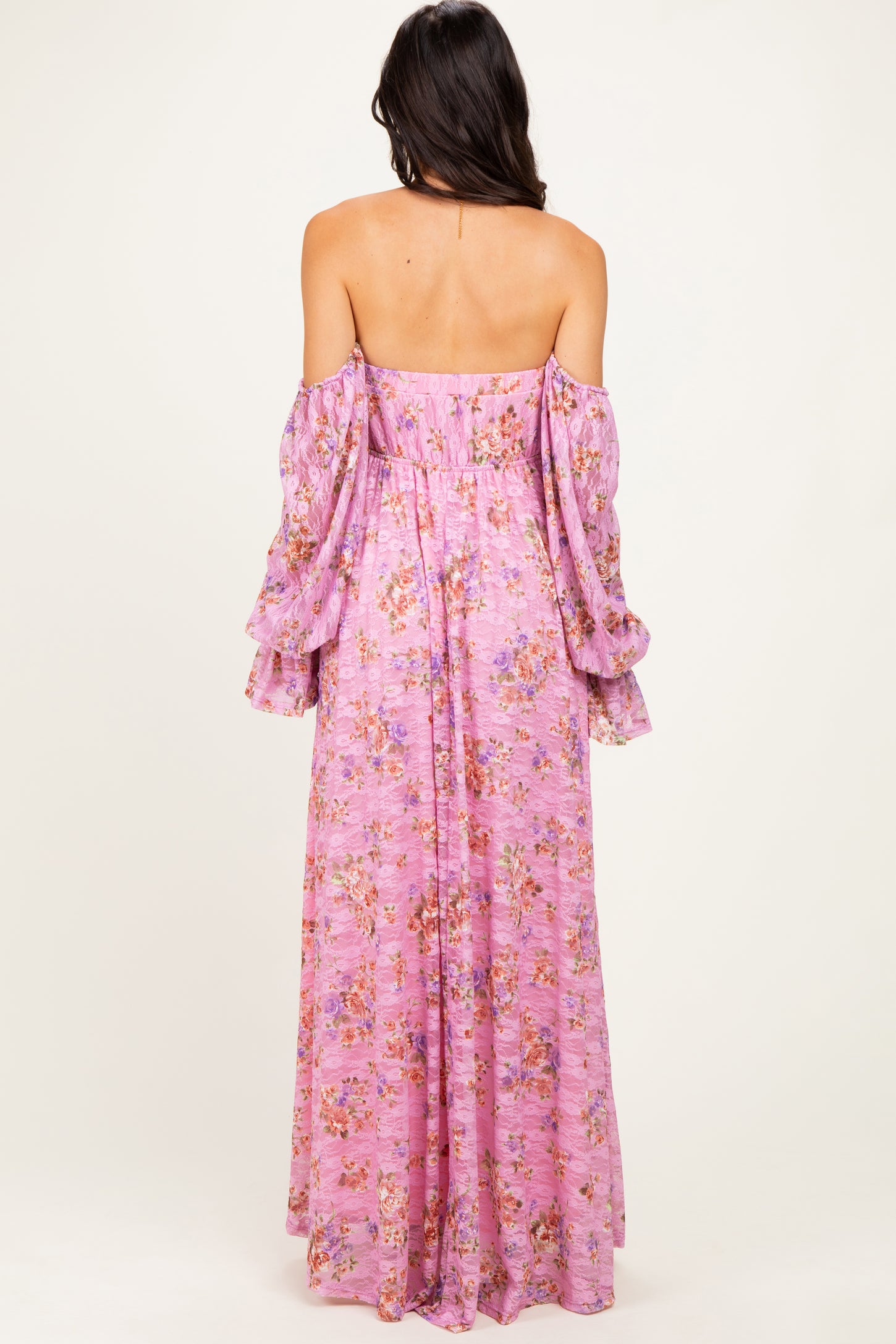 Pink Off Shoulder Long Sleeve Maxi Dress