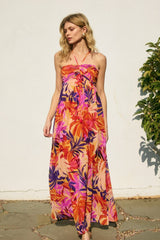 Sunset Tropical Print Halter Maternity Maxi Dress