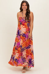 Sunset Tropical Print Halter Maternity Maxi Dress