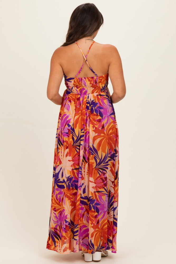 Sunset Tropical Print Halter Maternity Maxi Dress