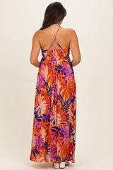 Sunset Tropical Print Halter Maternity Maxi Dress
