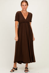 Brown Short Sleeve V-Neck Maxi Dress