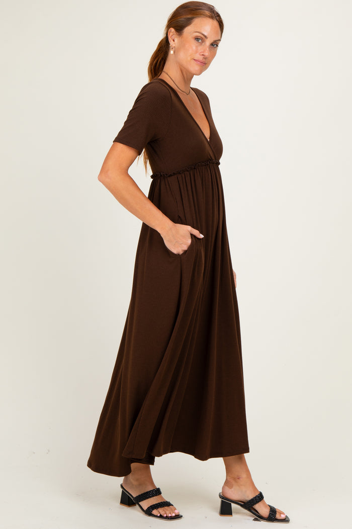 Brown Short Sleeve V-Neck Maxi Dress