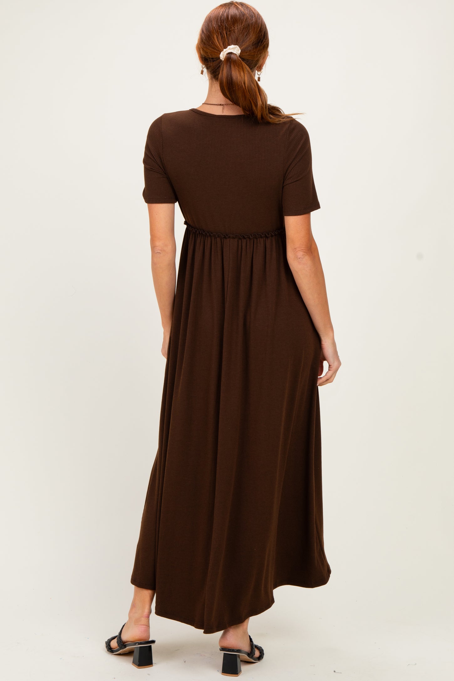 Brown Short Sleeve V-Neck Maxi Dress