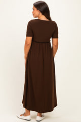 Brown Short Sleeve V-Neck Maternity Maxi Dress