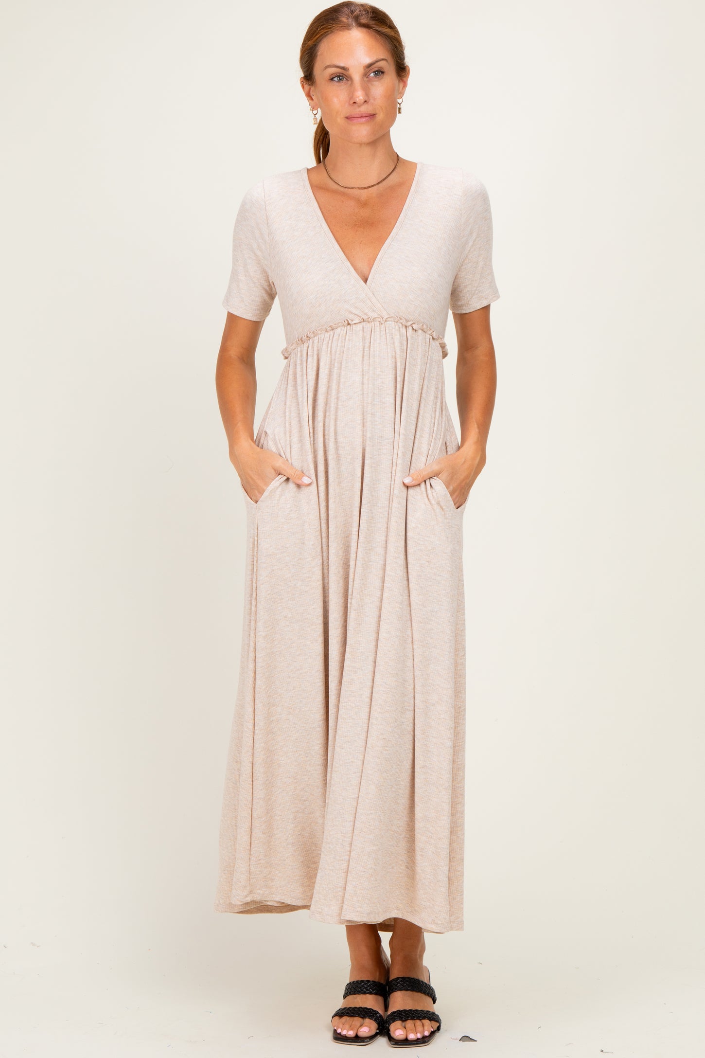 Oatmeal Short Sleeve V-Neck Maternity Maxi Dress