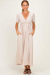 Oatmeal Short Sleeve V-Neck Maternity Maxi Dress