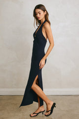 Navy Knit Halter Gold Ring Maxi Dress