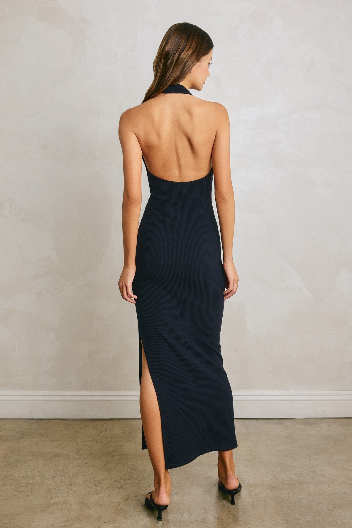 Navy Knit Halter Gold Ring Maxi Dress