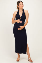 Navy Knit Halter Gold Ring Maternity Maxi Dress