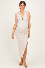 Cream Knit Halter Gold Ring Maternity Maxi Dress