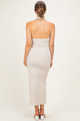 Cream Knit Halter Gold Ring Maternity Maxi Dress