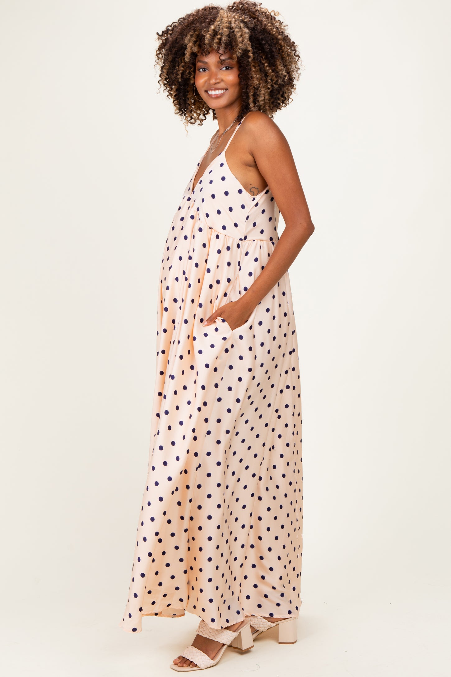 Cream/ Navy Polka Dot Sleeveless Maternity Maxi Dress