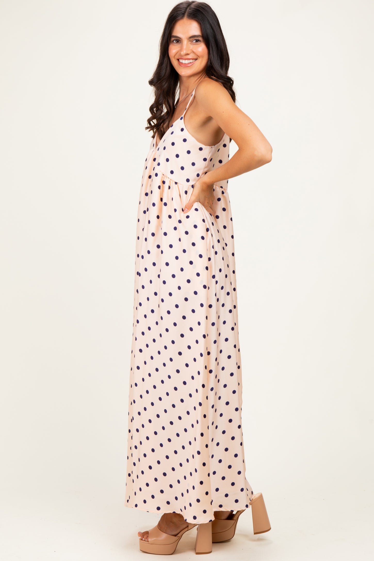 Cream/ Navy Polka Dot Sleeveless Maxi Dress