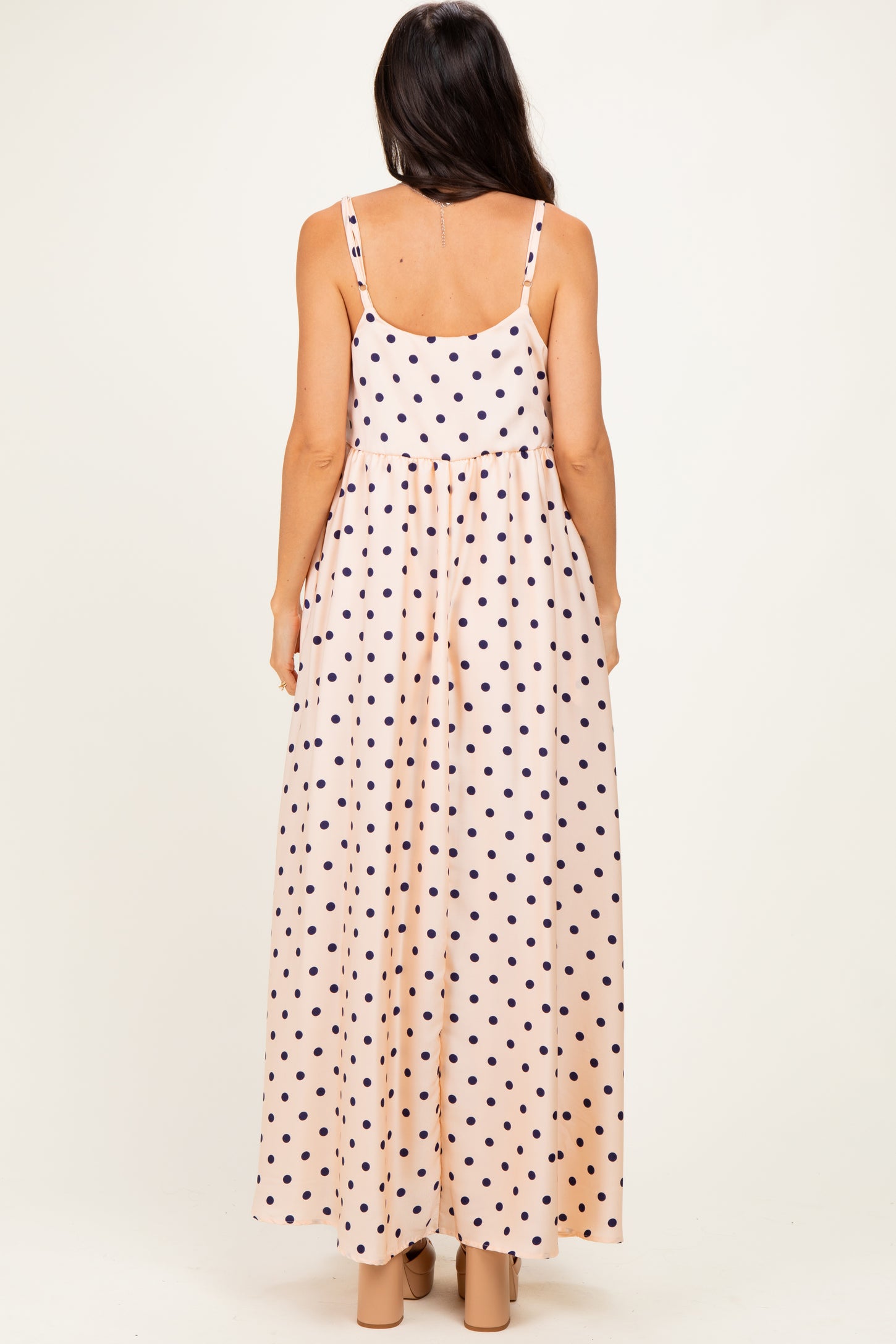 Cream/ Navy Polka Dot Sleeveless Maxi Dress