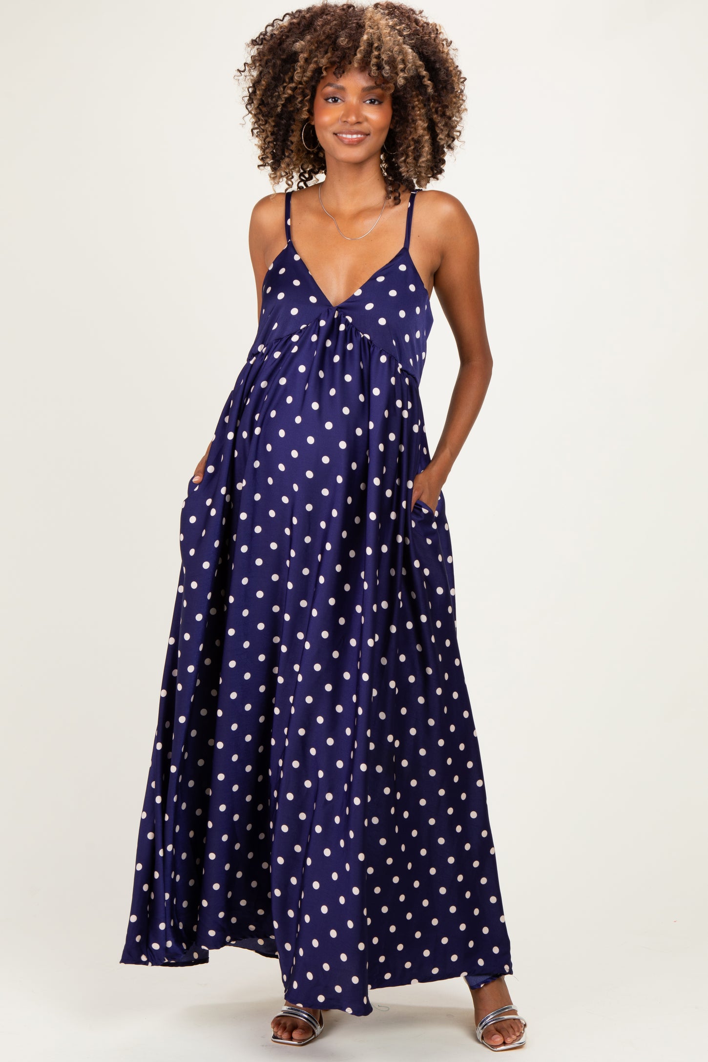 Navy/ Cream Polka Dot Sleeveless Maternity Maxi Dress