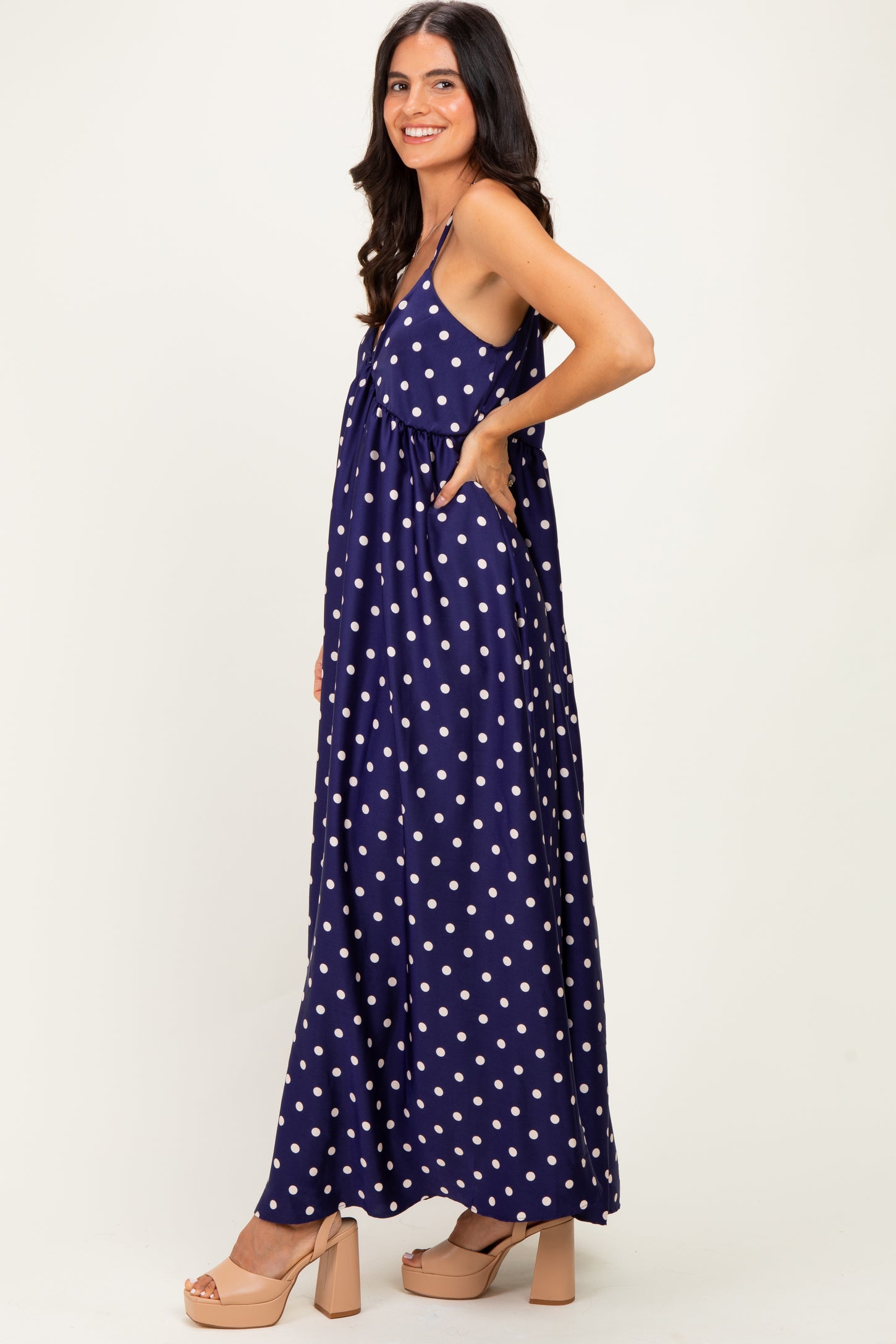 Navy/ Cream Polka Dot Sleeveless Maxi Dress