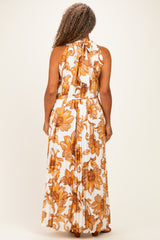 Camel Floral Pleated Halter Plus Maxi Dress