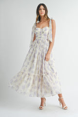 Lavender Floral Chiffon Shoulder Tie Midi Dress