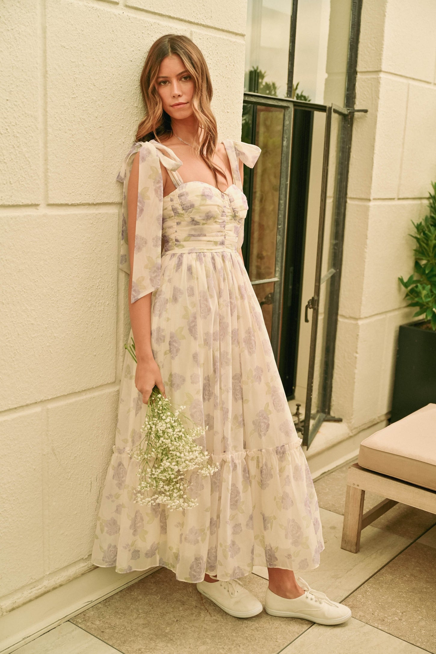 Lavender Floral Chiffon Shoulder Tie Midi Dress