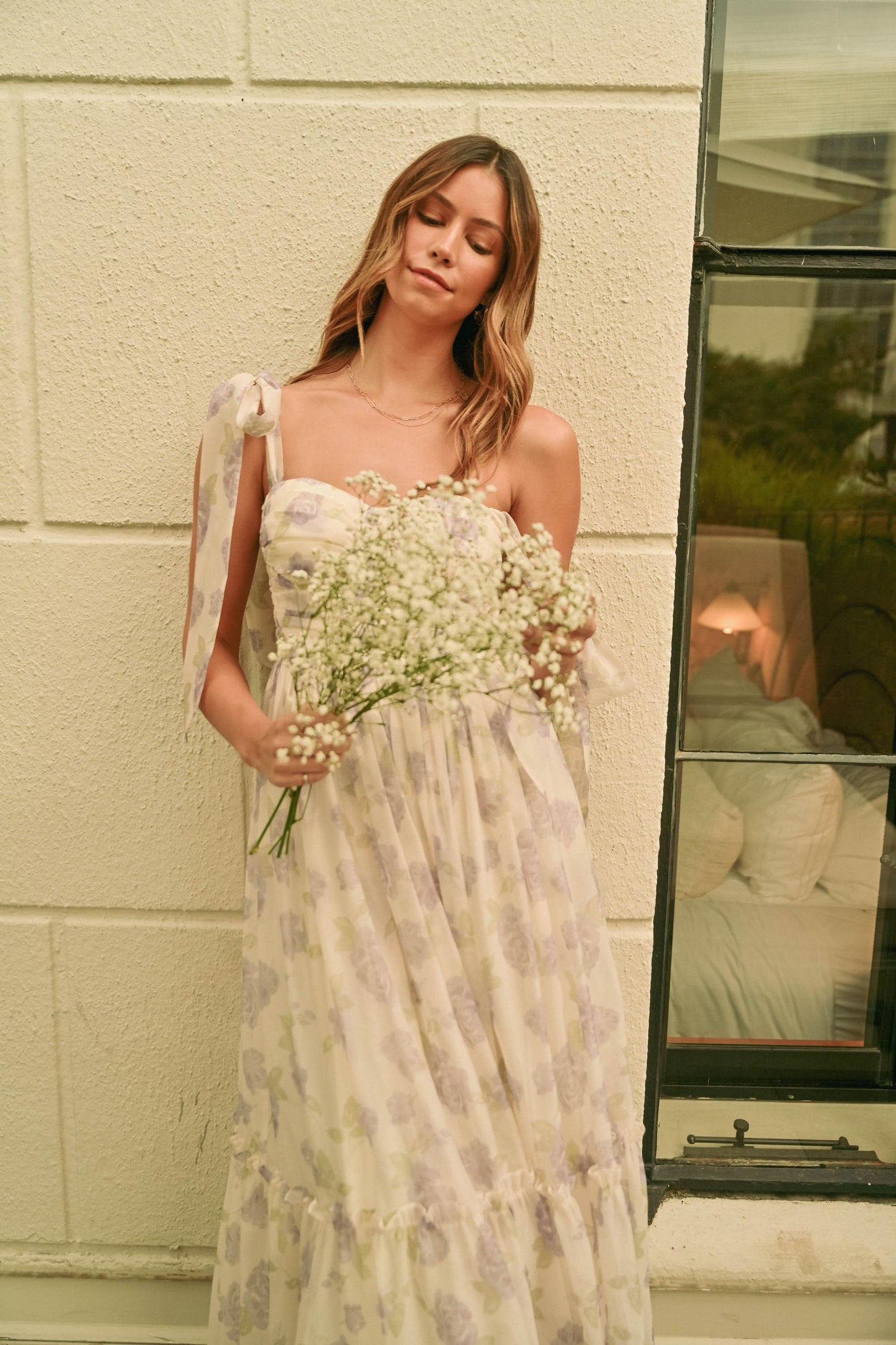 Lavender Floral Chiffon Shoulder Tie Midi Dress