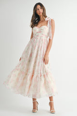 Pink Floral Chiffon Shoulder Tie Maternity Midi Dress