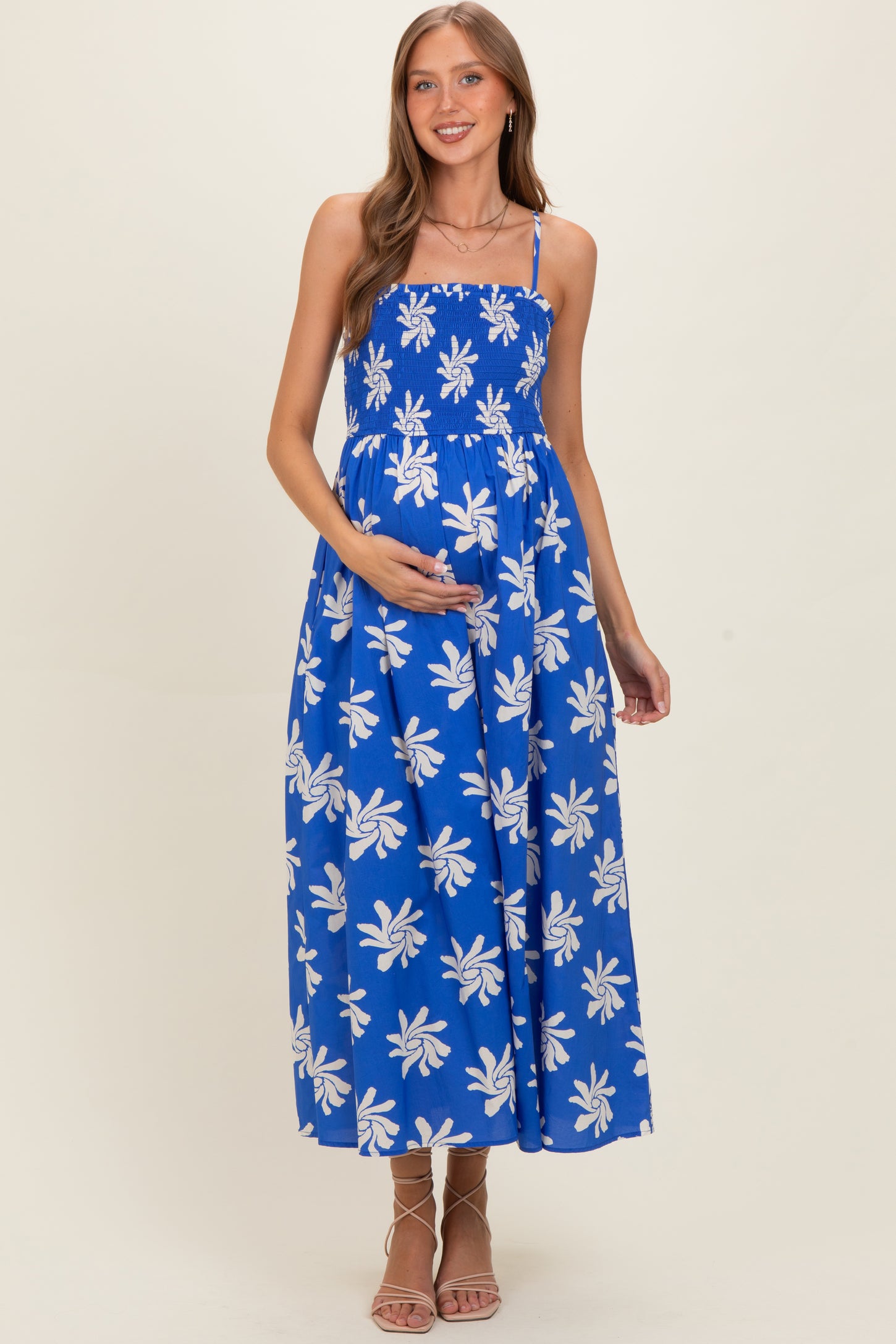 Cobalt Printed Square Neck Smocked Maternity Maxi Dress