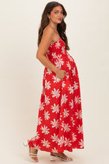 Red Printed Square Neck Smocked Maternity Maxi Dress