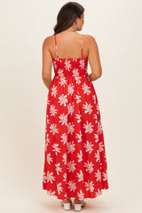 Red Printed Square Neck Smocked Maternity Maxi Dress