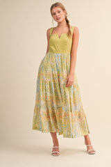 Lime Colorblock Floral Tiered Midi Dress