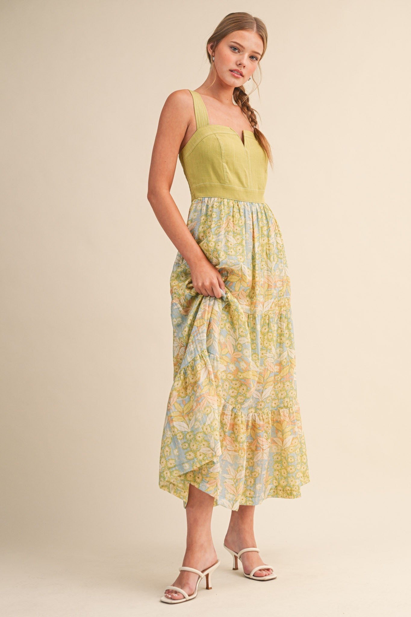 Lime Colorblock Floral Tiered Midi Dress