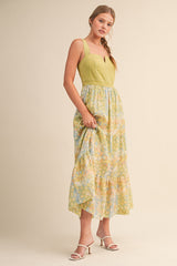 Lime Colorblock Floral Tiered Midi Dress