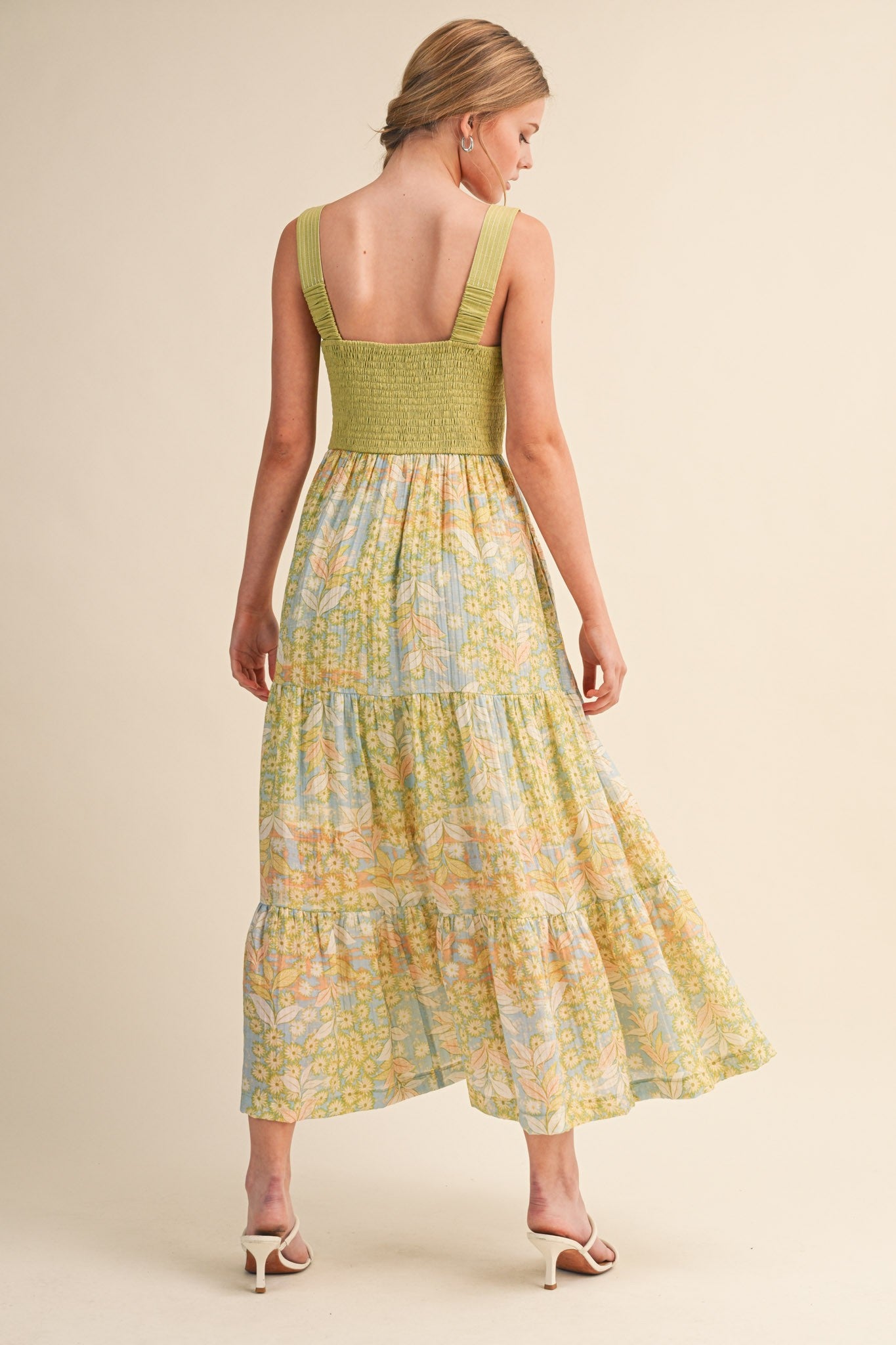 Lime Colorblock Floral Tiered Midi Dress