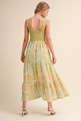 Lime Colorblock Floral Tiered Midi Dress