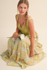 Lime Colorblock Floral Tiered Midi Dress