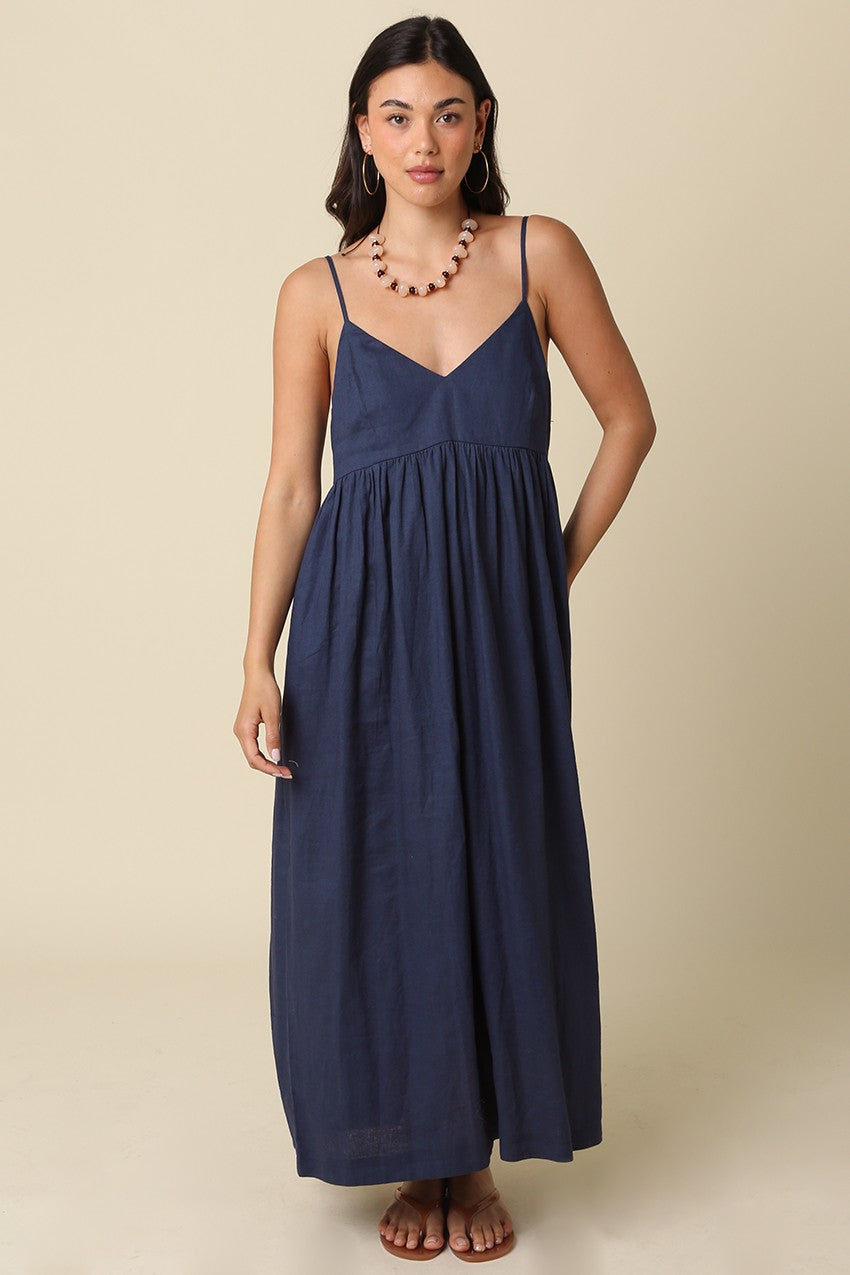 Navy Linen Blend Sleeveless Maxi Dress