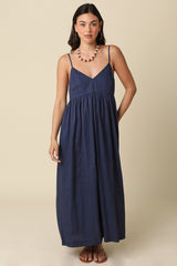 Navy Linen Blend Sleeveless Maxi Dress