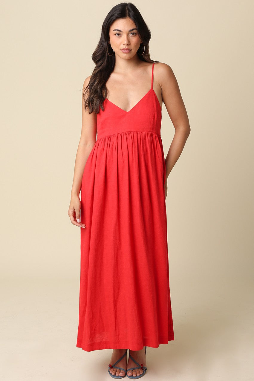 Red Linen Blend Sleeveless Maxi Dress