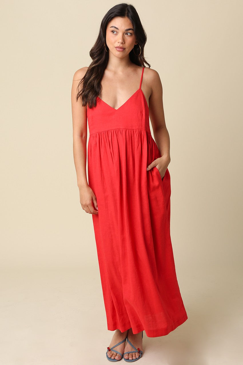 Red Linen Blend Sleeveless Maxi Dress