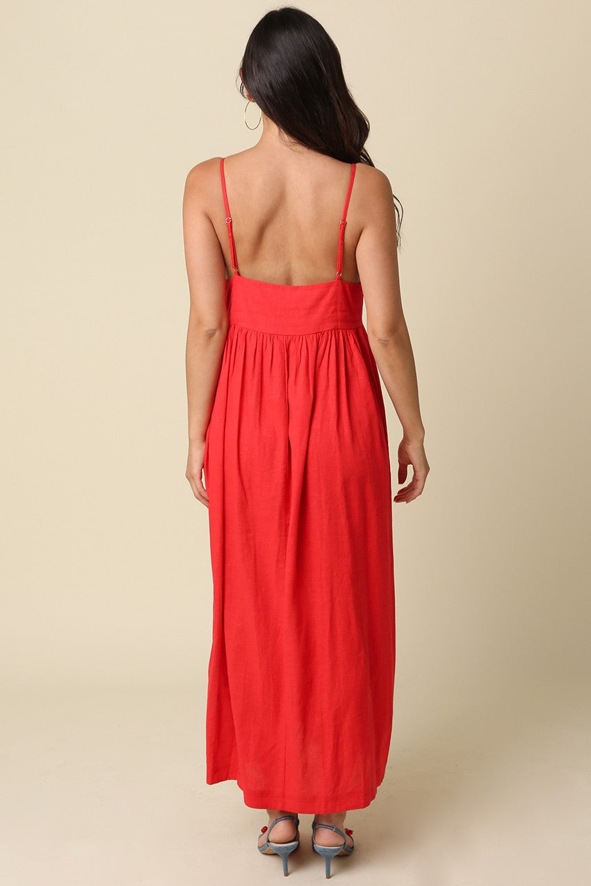 Red Linen Blend Sleeveless Maxi Dress
