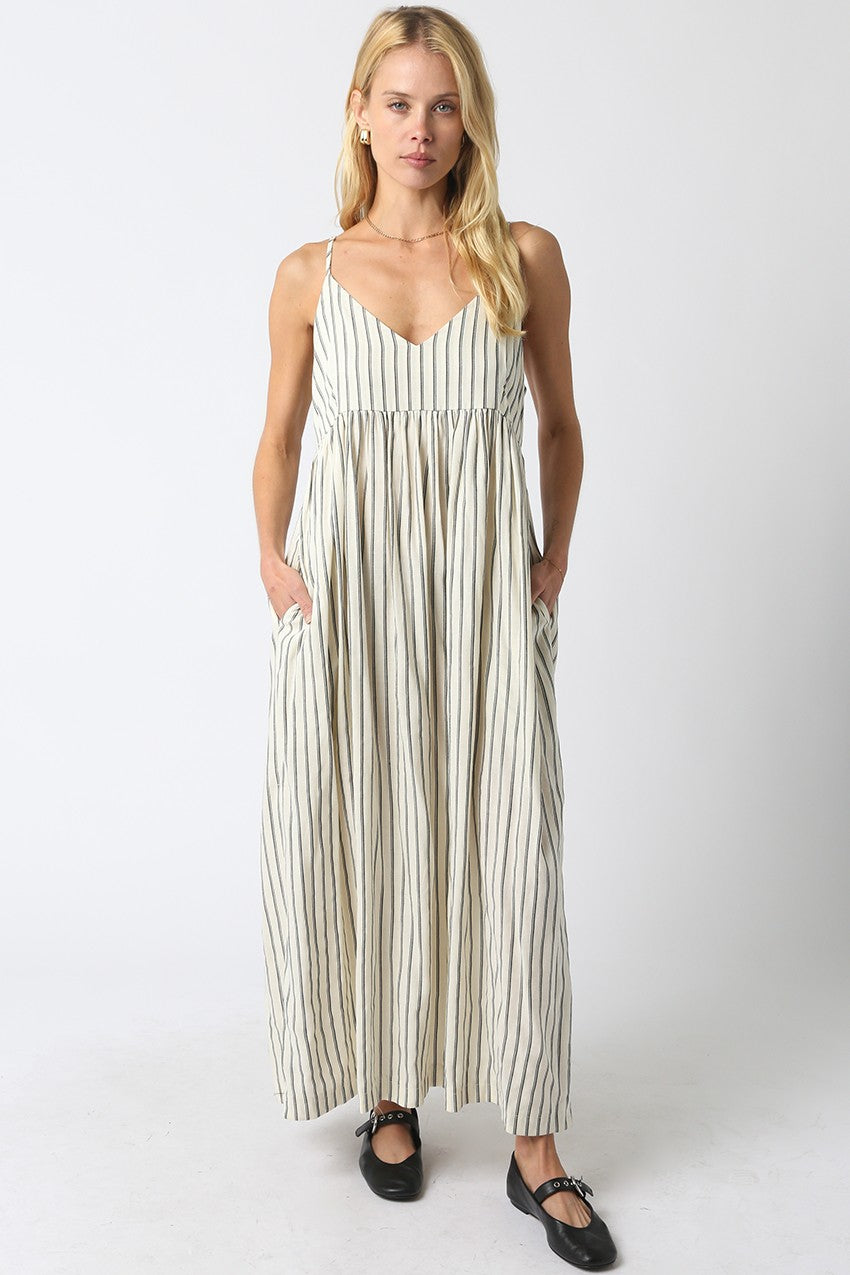Natural Striped V-Neck Sleeveless Maxi Dress