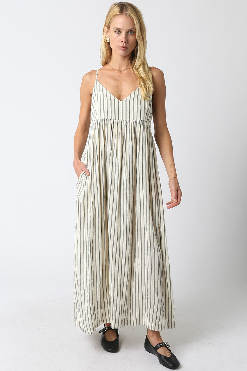 Natural Striped V-Neck Sleeveless Maxi Dress