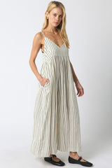 Natural Striped V-Neck Sleeveless Maxi Dress