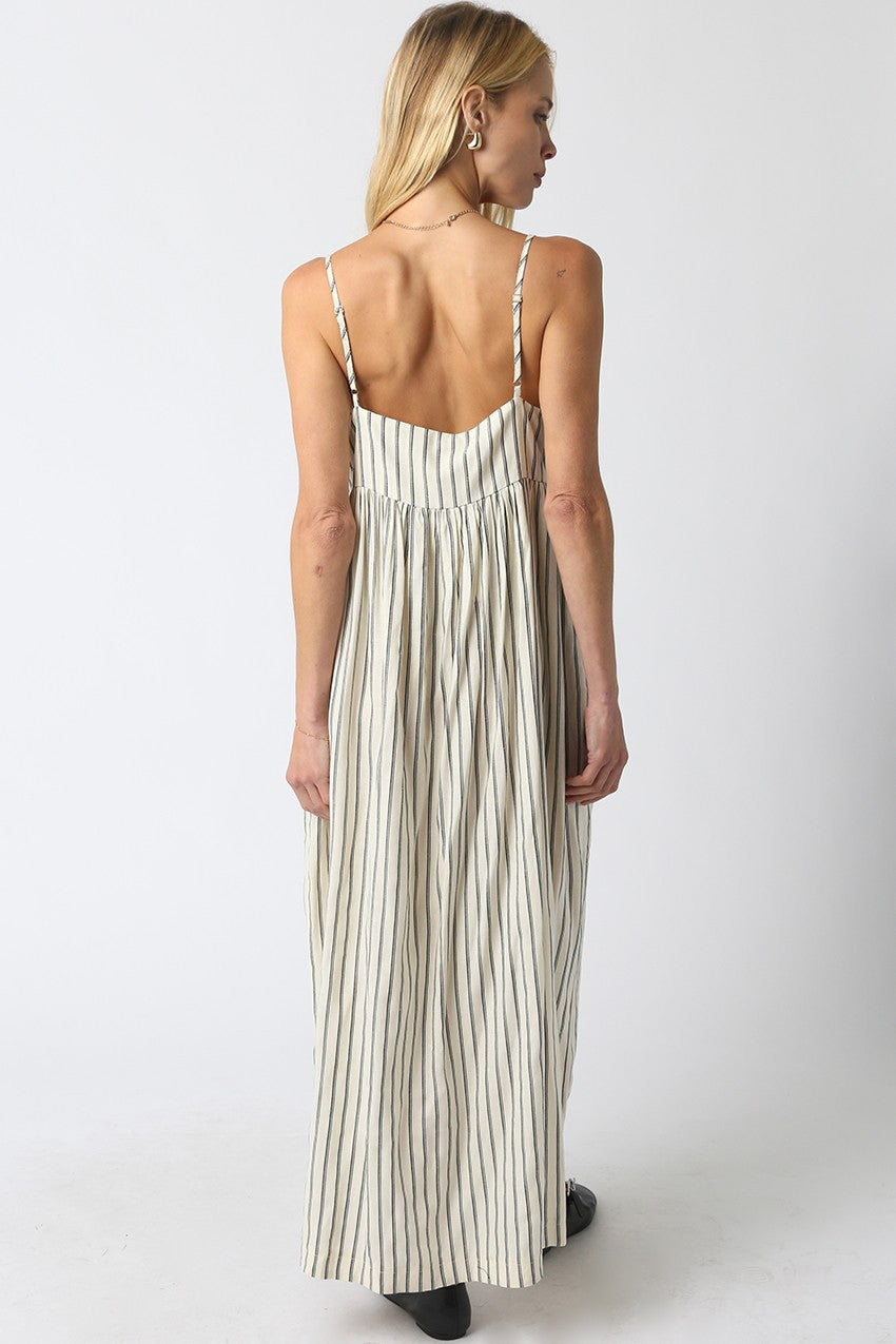 Natural Striped V-Neck Sleeveless Maxi Dress