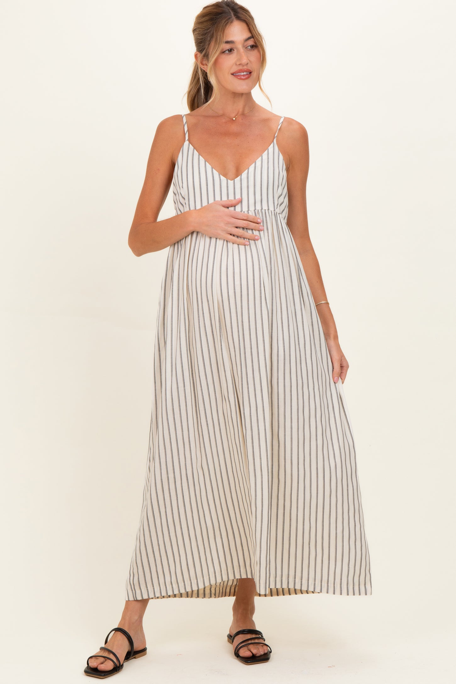Natural Striped V-Neck Sleeveless Maternity Maxi Dress