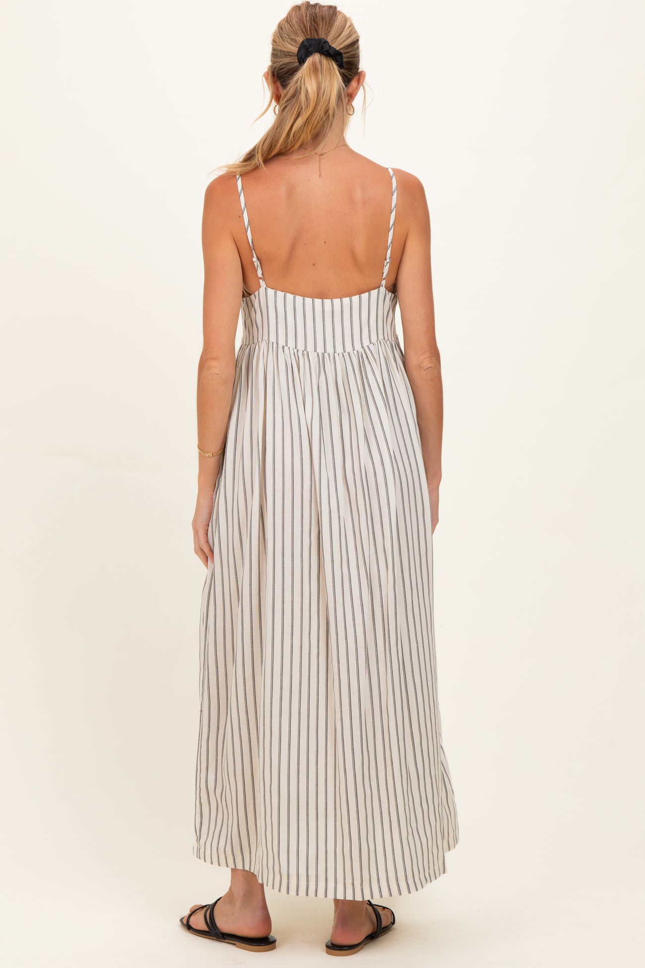 Natural Striped V-Neck Sleeveless Maternity Maxi Dress
